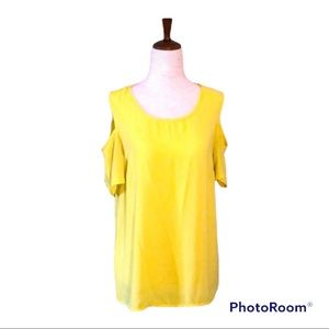 TACERA Vivid Yellow Cold Shoulder Satin‎ Top EUC S